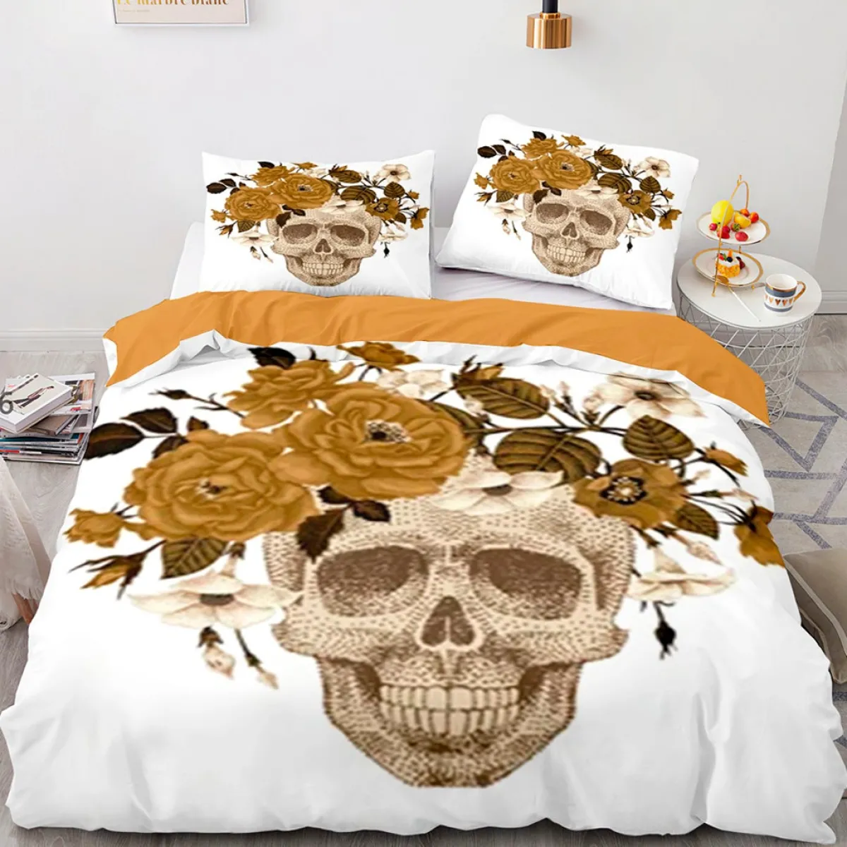 Discount Gold skull - Pussilakana + tyynyliina Pääkallokamaa|Sisustustekstiilit